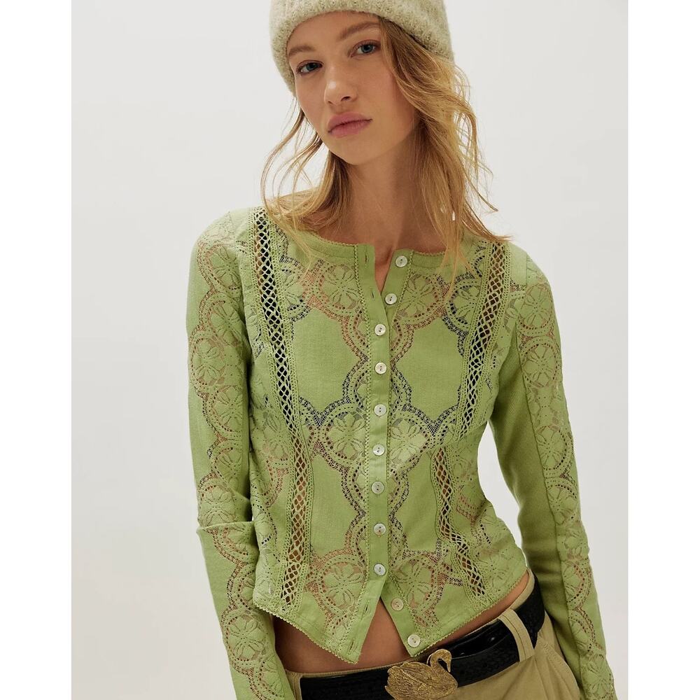 NWT Free people Women's fresh green Jae Sheer Lace Knit long sleeve top